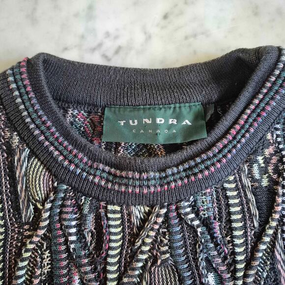 VTG TUNDRA Canada Sweater Crew Neck Gray 3D Chunky Knit 90s Coogi Style LG - Picture 2 of 10